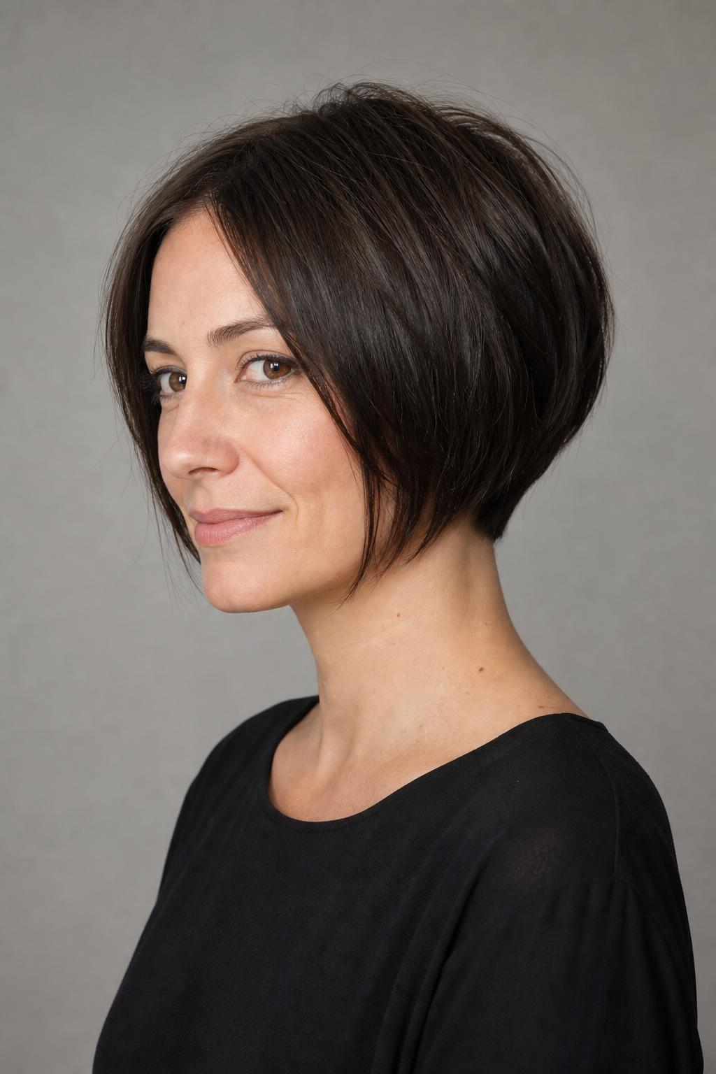 Pixie Bob with a Rounded Stacked Back and Jaw-Length Front on Straight Dark Hair