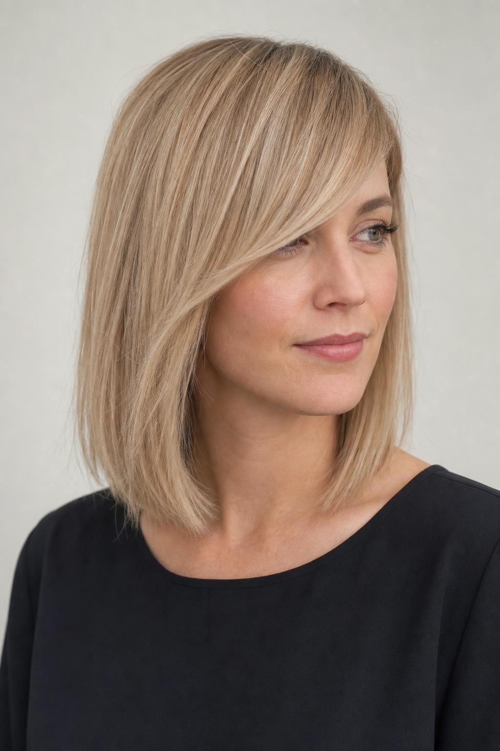 Side-Swept Fringe Angled from Brow to Cheekbone on Fine Ash Blonde Hair
