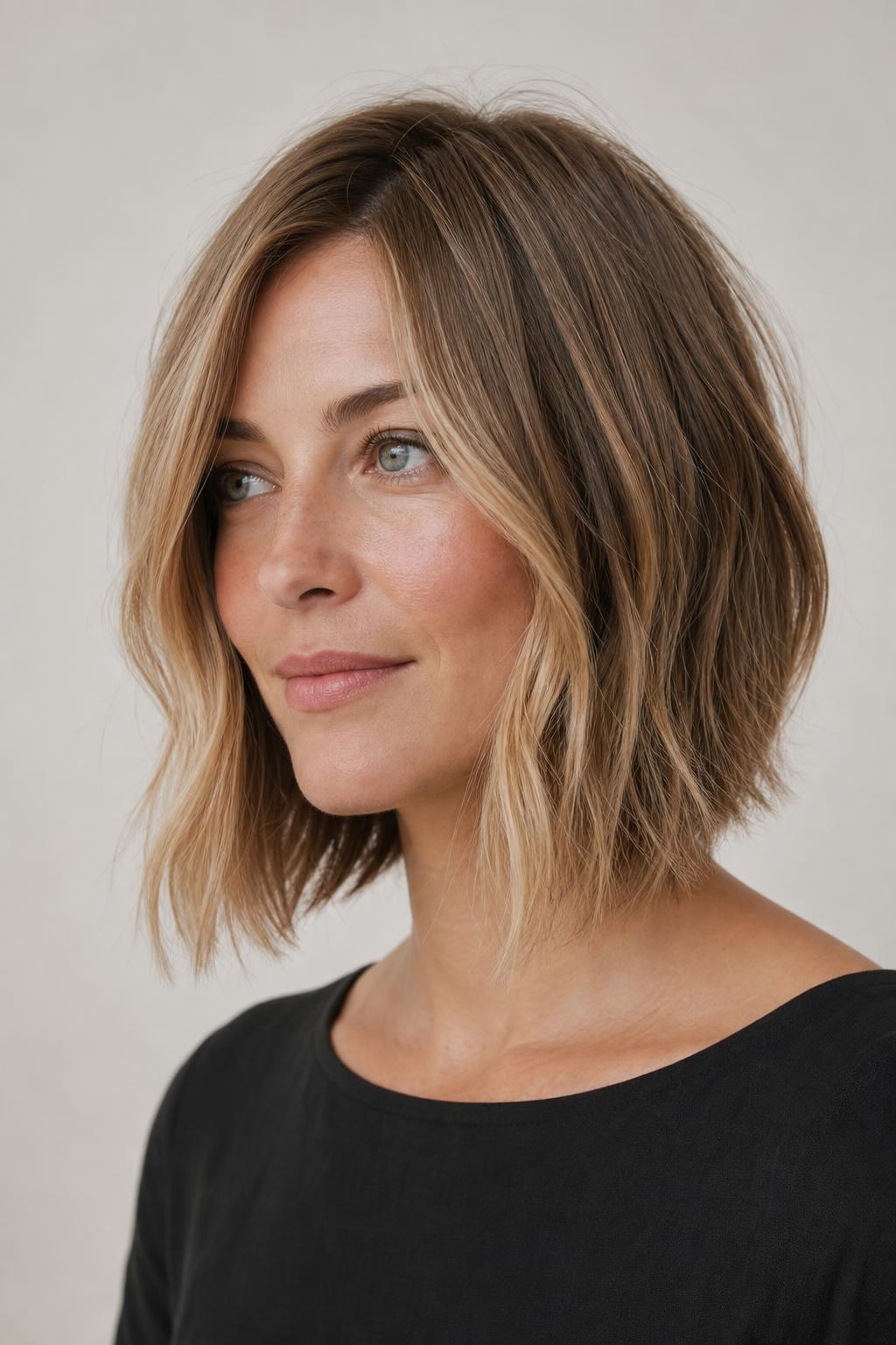 Soft A-Line Lob Angled Longer at the Front on Medium Density Wavy Hair