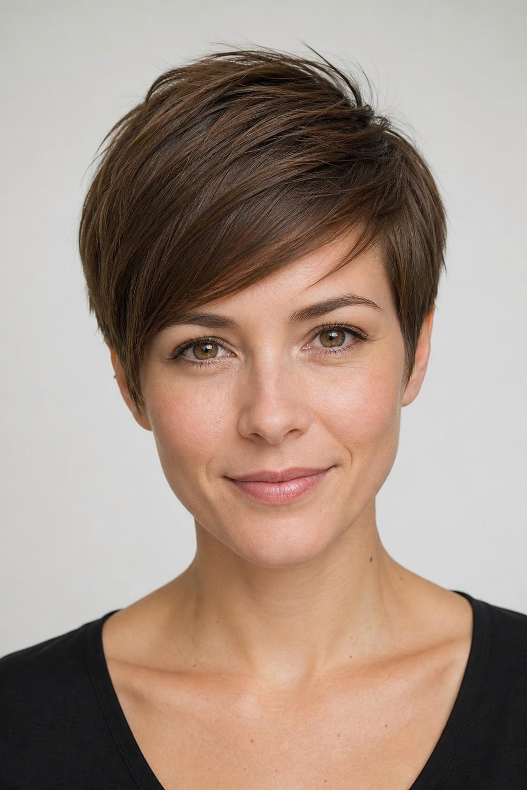 Tapered Pixie with a Two-Inch Textured Crown and Close Nape on Fine Brown Hair