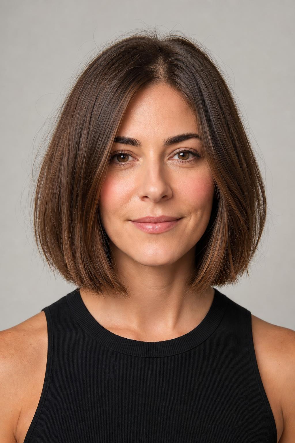 Jaw-Length Bob with Lightly Point-Cut Ends on Thick Chestnut Hair