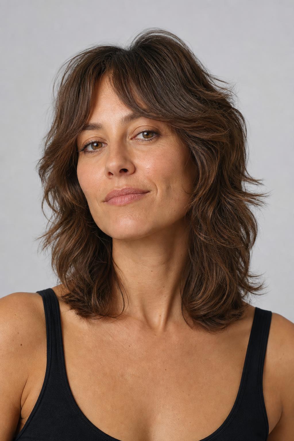 Wolf Cut with Crown Volume and a Softened Perimeter on Shoulder-Length Wavy Hair