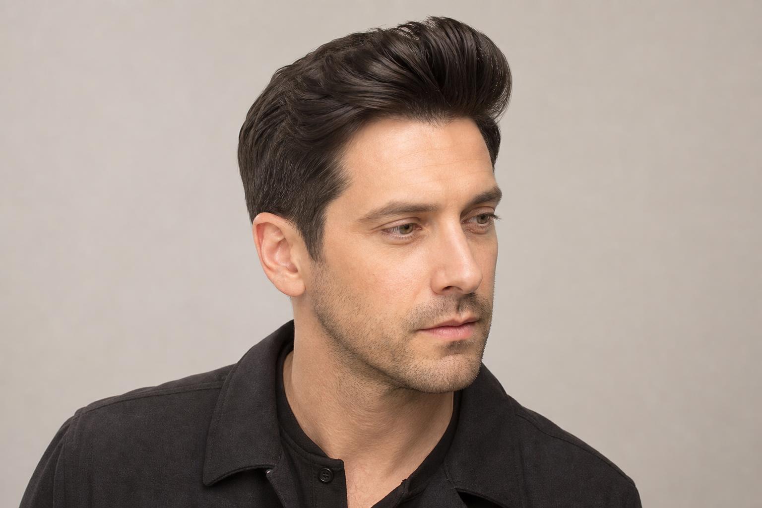 Classic Quiff with a Soft Peak above the Forehead on Thick Dark Hair