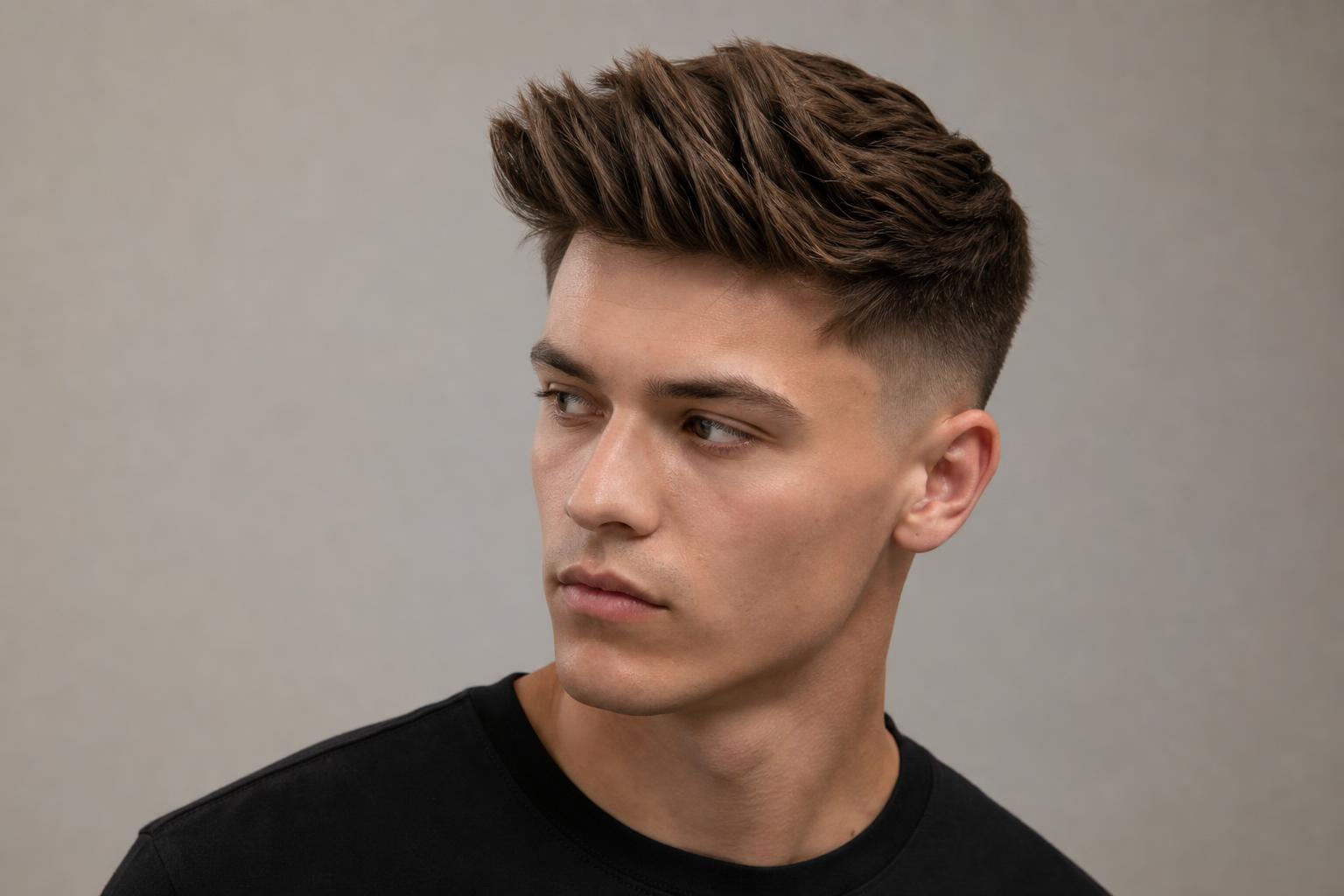 Textured Quiff with a Mid Fade and Point-Cut Ends on Straight Brown Hair