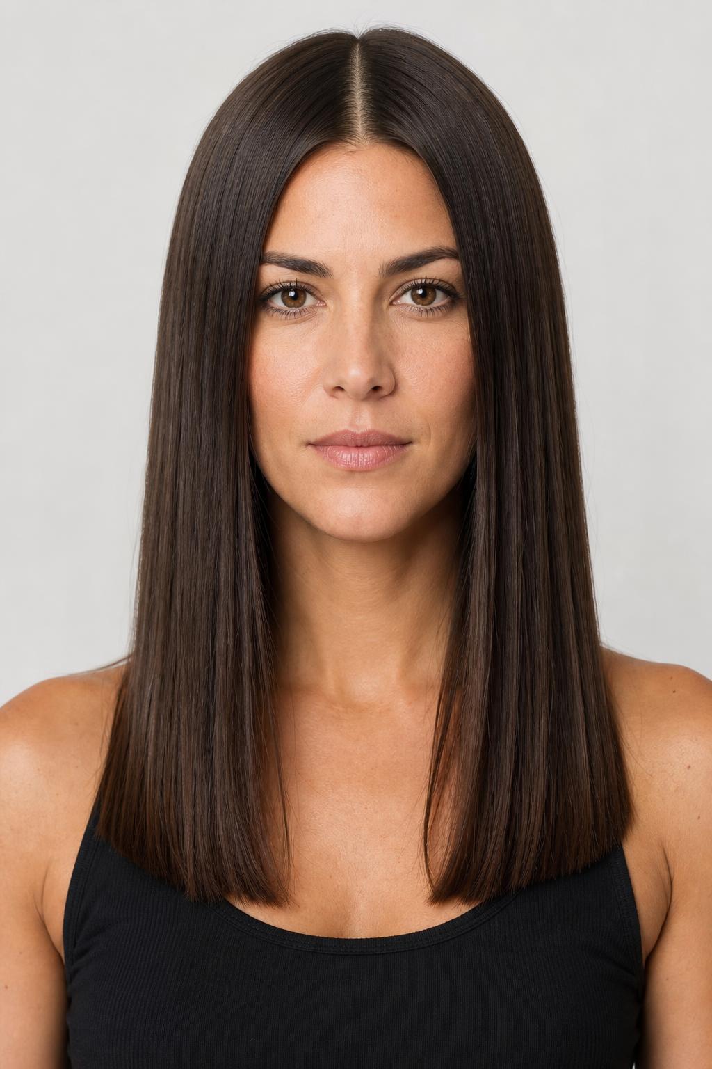 Long One-Length Hair Worn Flat and Blunt Without Layers or Waves