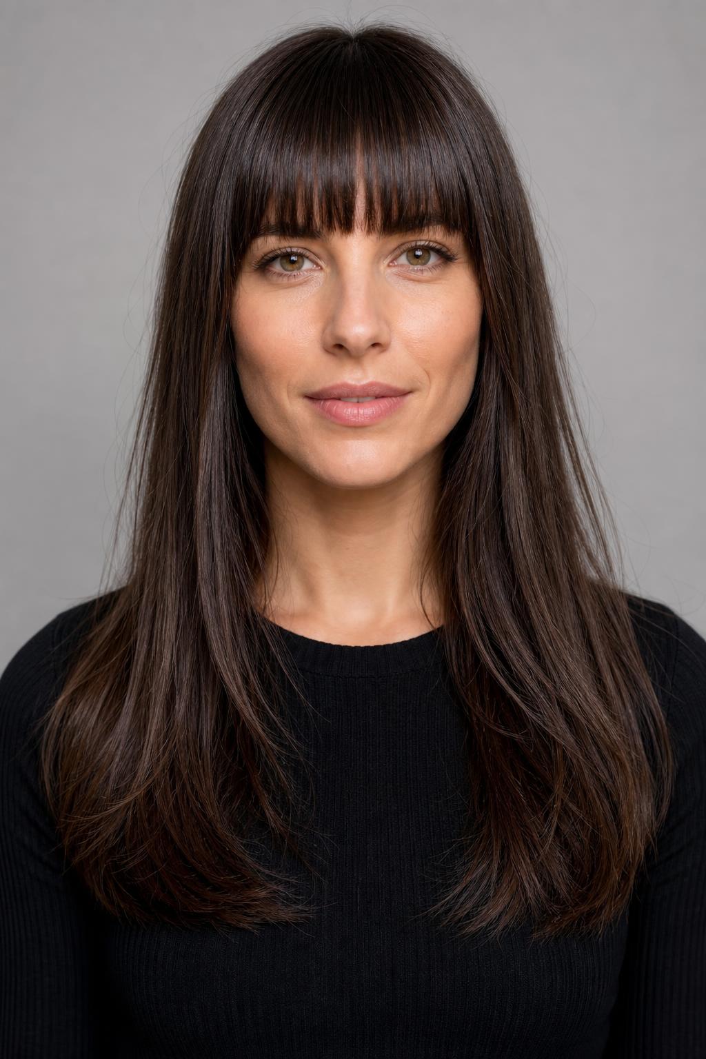 Long Hair With a Full Brow-Grazing Fringe Cut Straight Across