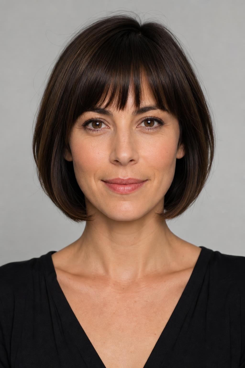 Rounded Bob Curving Inward at the Jaw and Finished With Bangs