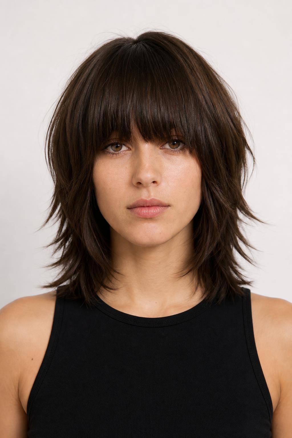 Modern Shag With a Heavy Fringe and Layers Packed Around the Face