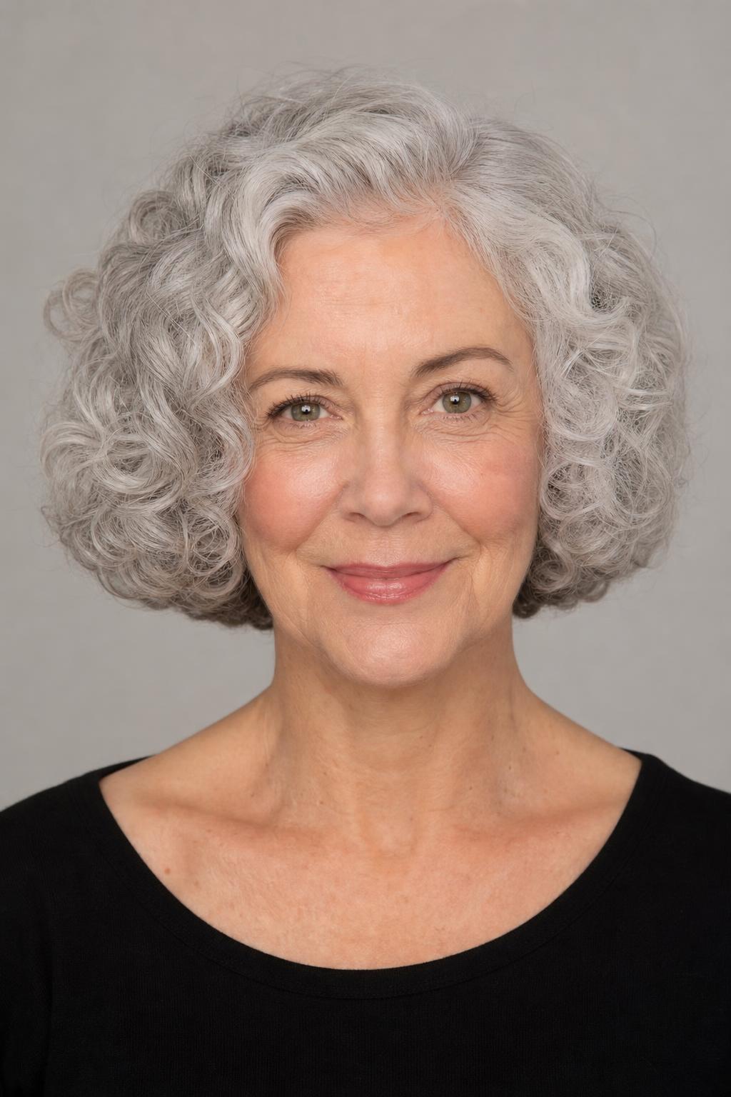 Rounded One-Length Curly Bob with a Solid Outline on Fine Silver Curls