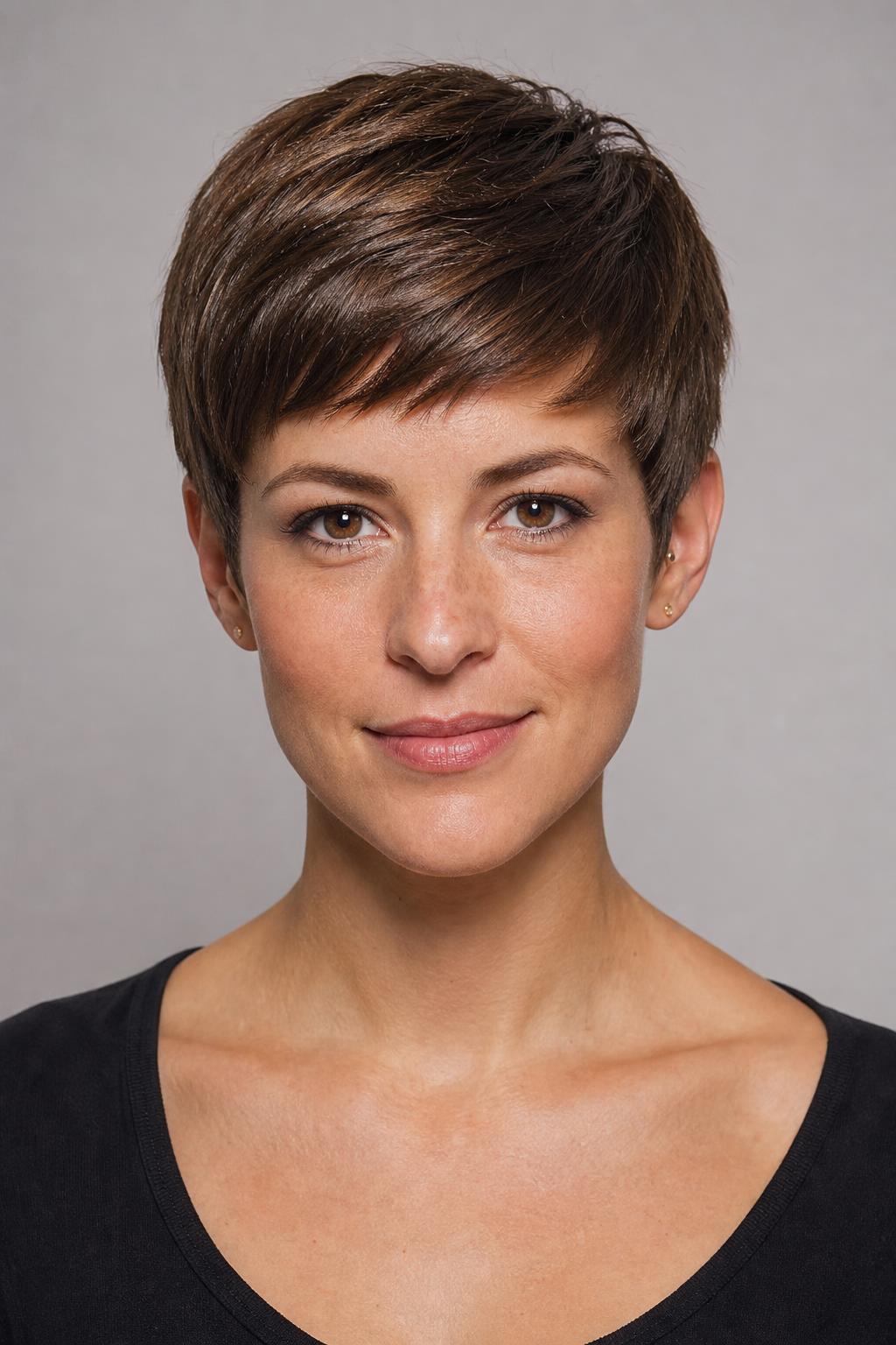 Short Cropped Cut with a High-Shine Glossy Finish on Cool Brown Hair