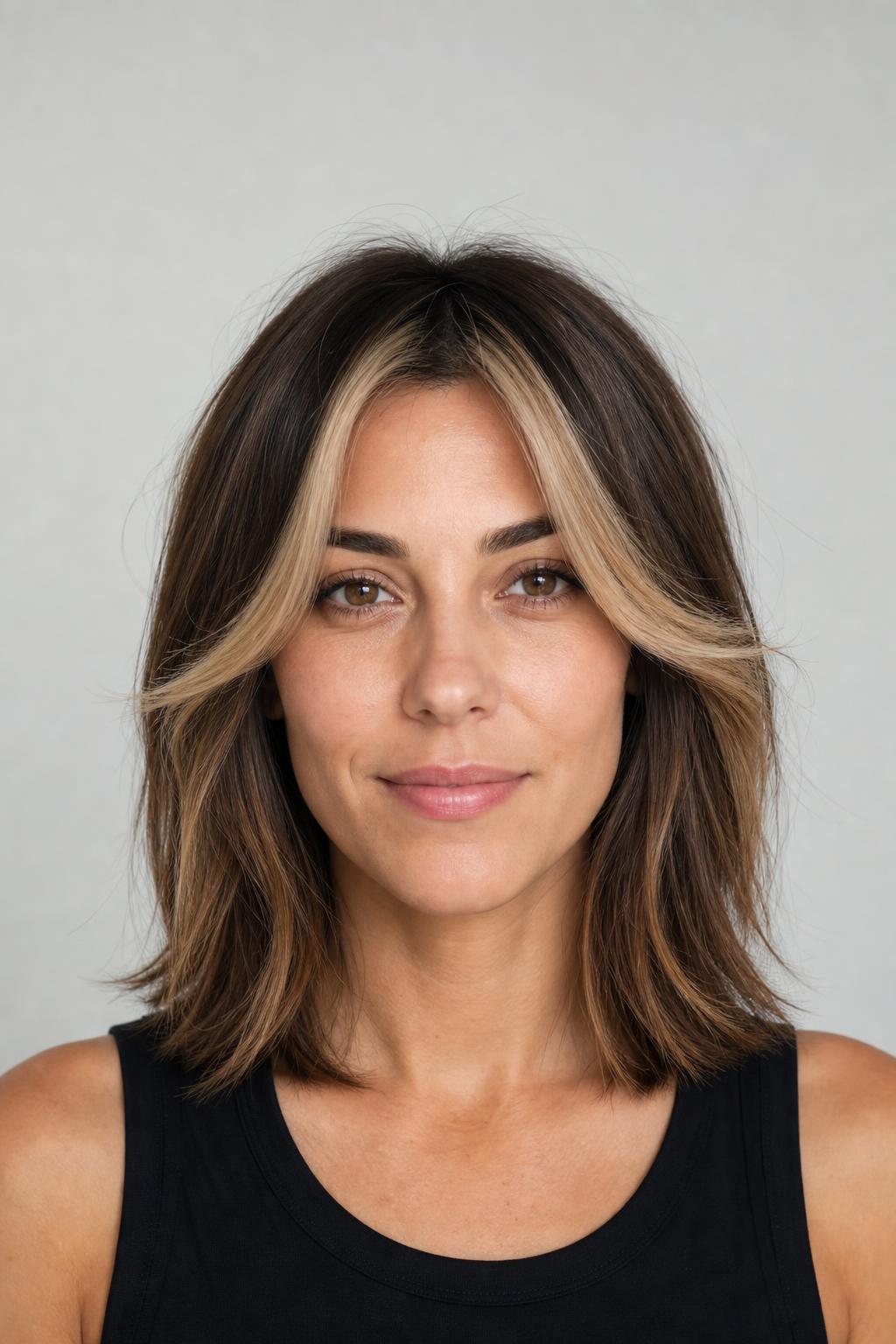 Shoulder-Length Brunette Hair with Two Lightened Front Sections Framing the Face