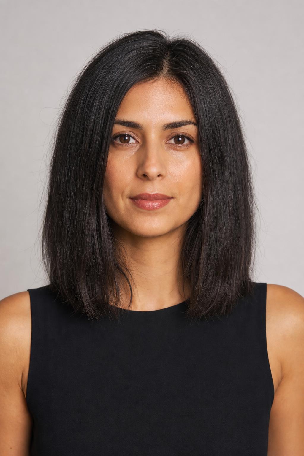 Shoulder-Length Cut with a Narrow Silhouette on Thick Coarse Dark Hair