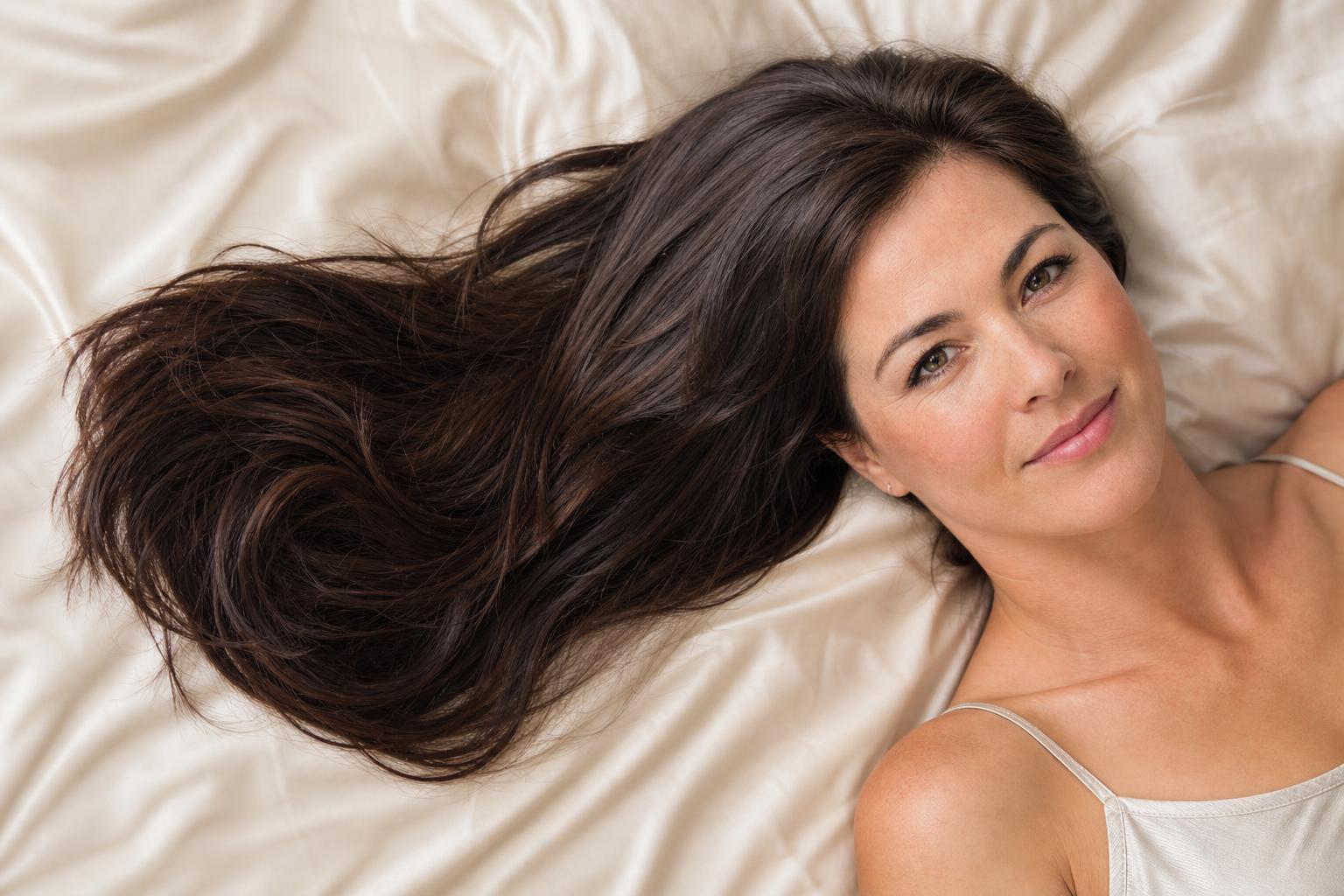 Glossy Long Dark Brown Hair Fanned Across an Ivory Silk Pillowcase