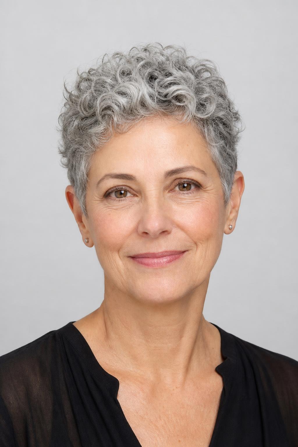 Silver Curly Pixie with a Deeper Root Shadow and Bright Coils through the Length