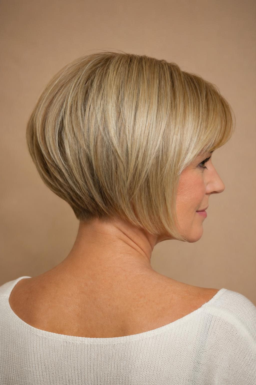Stacked Bob with a Rounded Tier of Short Layers at the Back of the Head on Fine Blonde Hair