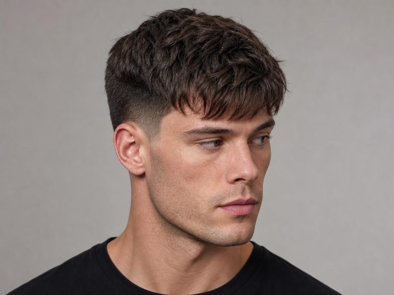 Textured Crop with a Broken Fringe and Faded Sides on Thick Dark Brown Hair