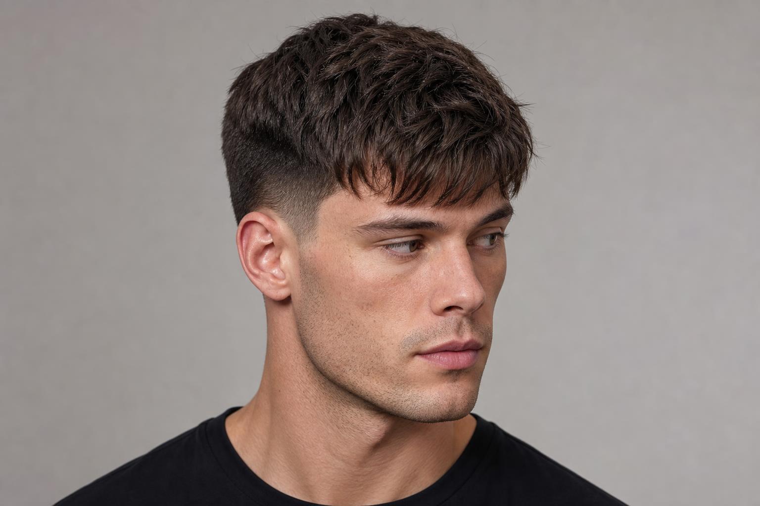 Textured Crop with a Broken Fringe and Faded Sides on Thick Dark Brown Hair