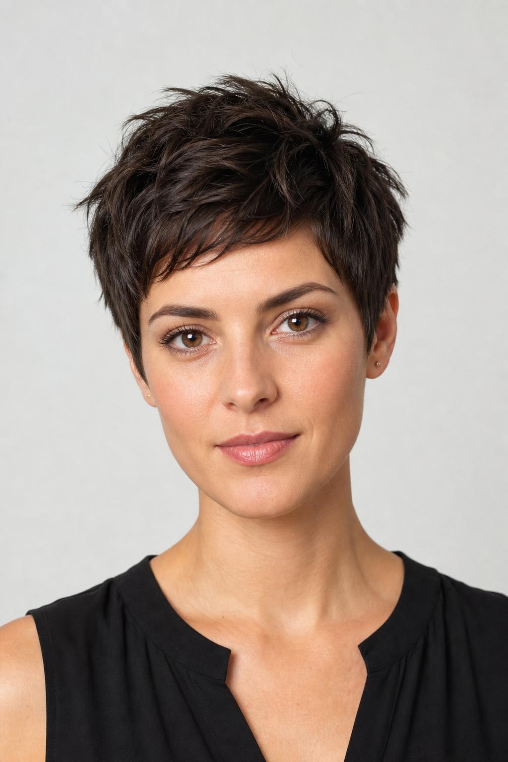 Textured Pixie with Three Inches on Top and Tapered Sides on Dark Hair