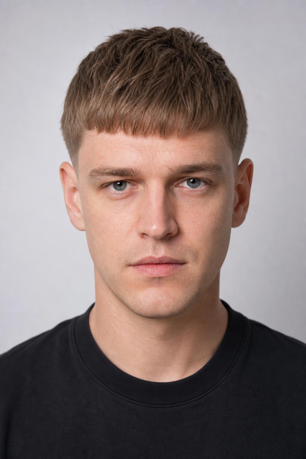 Caesar Cut with a Blunt Straight Fringe on Fine Light Brown Hair