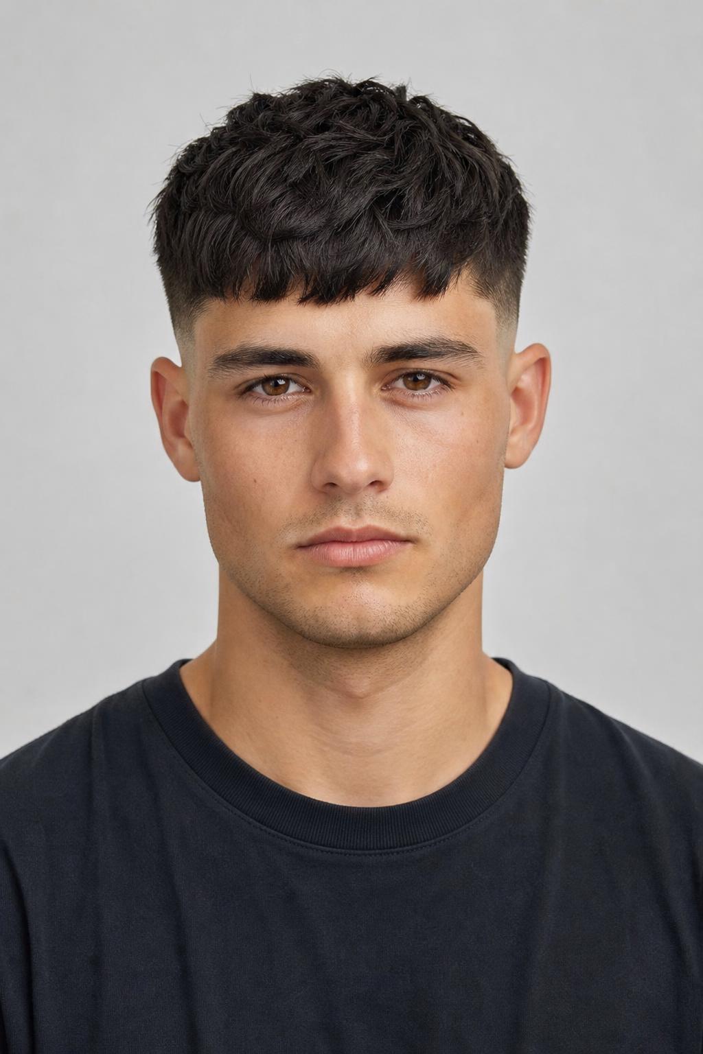 French Crop with a Textured Forward Fringe and Mid Fade on Thick Straight Hair