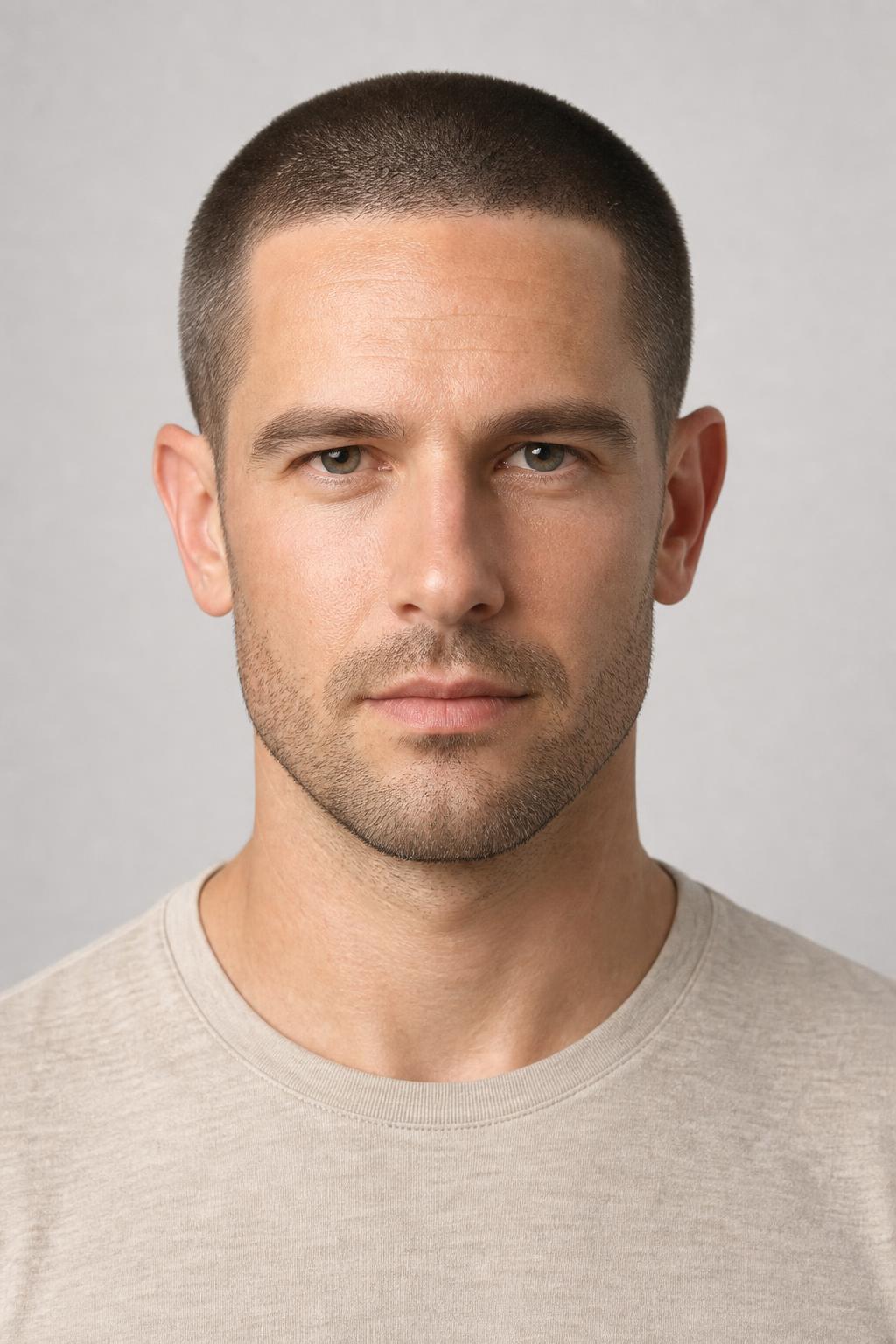 Grade 1 Buzz Cut with a Softly Faded Hairline on a Square Face
