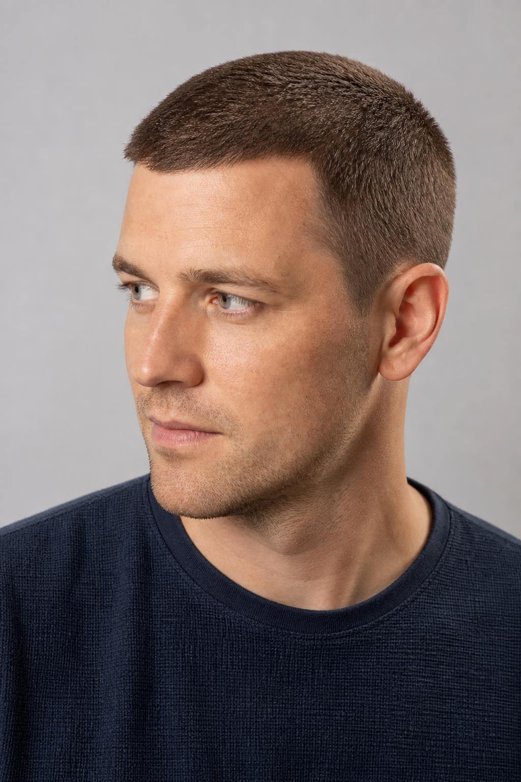 Grade 4 Buzz Cut at Half an Inch with a Tapered Neckline