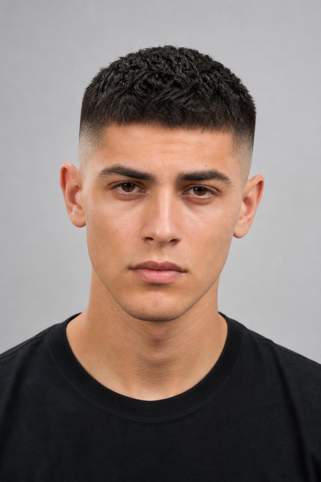 Mid Skin Fade with a Point-Cut Half-Inch Top on Dark Hair