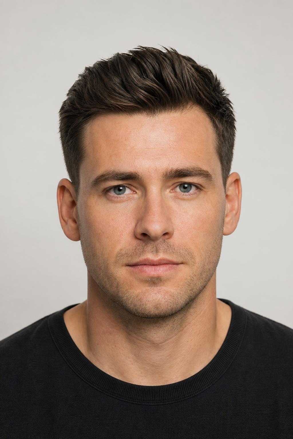 Short Quiff Lifted at the Front with a Matte Finish on Dark Brown Hair
