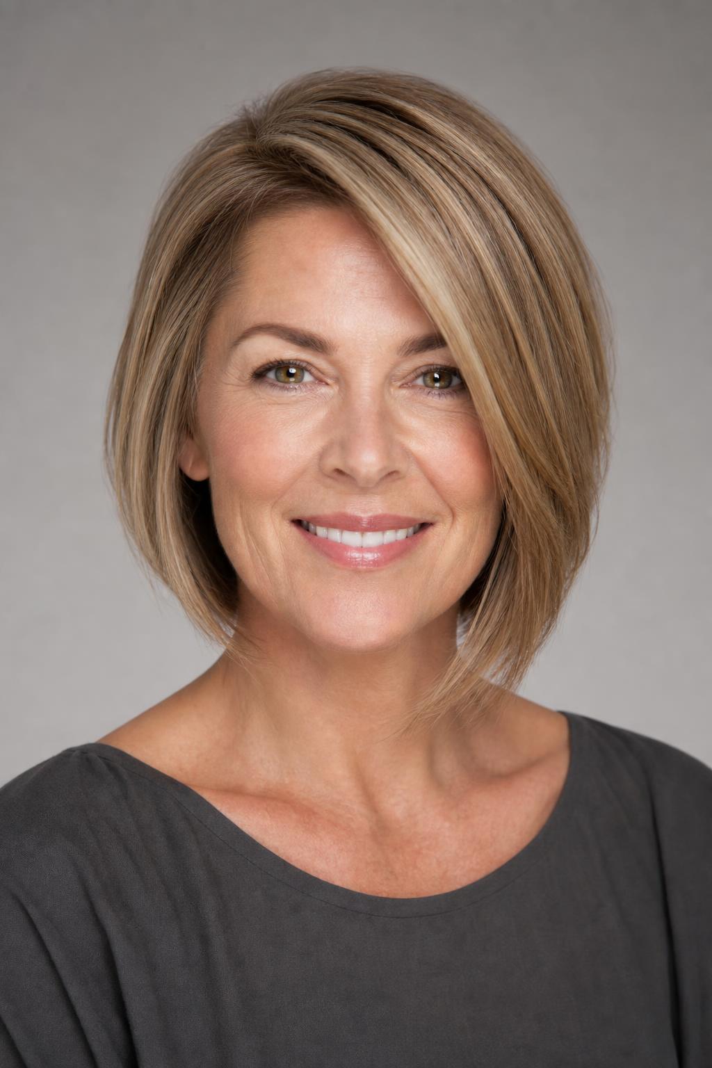 Angled Bob Longer at the Front with a Deep Side Part on Fine Dark Blonde Hair