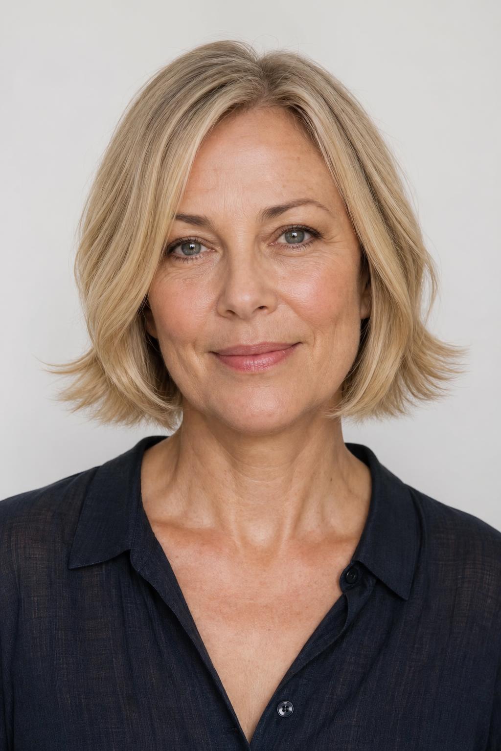 Chin-Length Bob with Ends Flicked Outward Away from the Neck on Fine Blonde Hair
