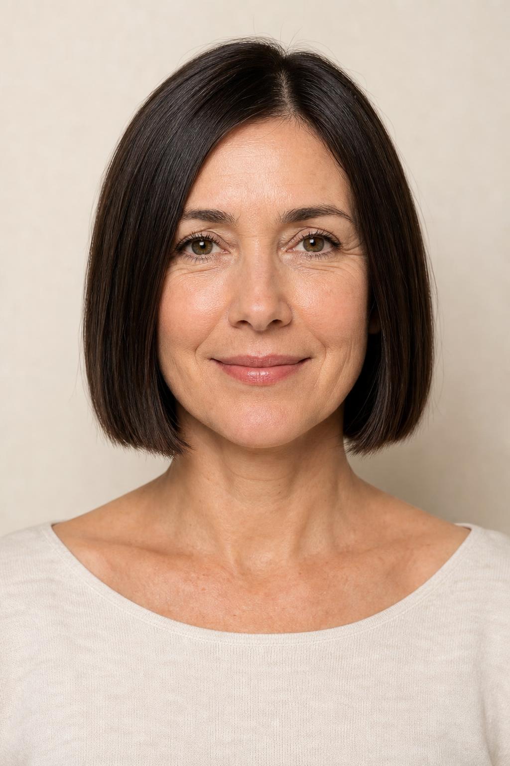Chin-Length Blunt Bob Cut to One Clean Line on Fine Dark Brunette Hair