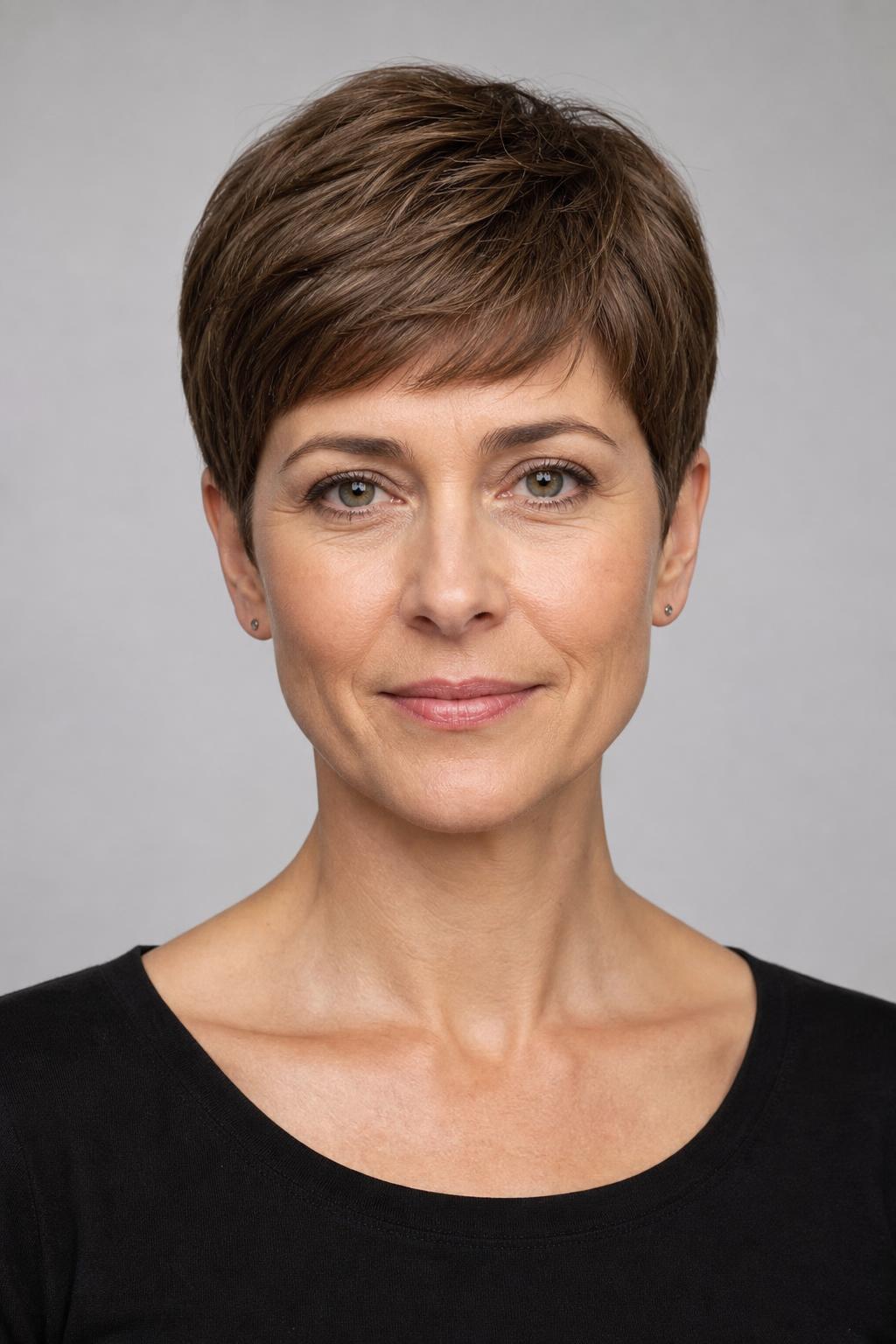 Cropped Pixie with a Blunt Perimeter and Rounded Silhouette on Fine Straight Chestnut Hair