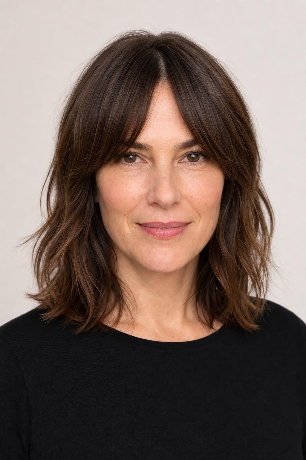 Curtain Fringe Parted in the Middle and Sweeping to Cheekbone Length on Fine Brown Hair