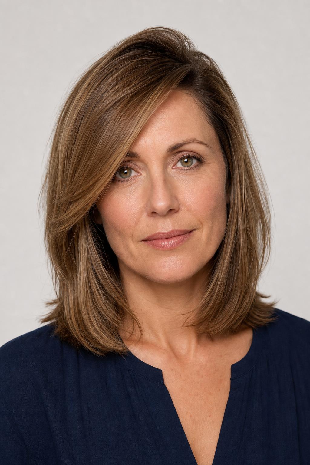 Deep Side Part with Visibly Lifted Roots at the Crown on Fine Light Brown Hair