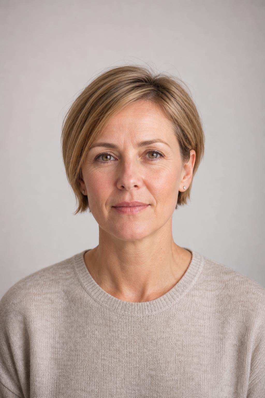 Grown-Out Pixie at Earlobe Length with a Clean Blunt Bottom Line on Fine Golden Brown Hair