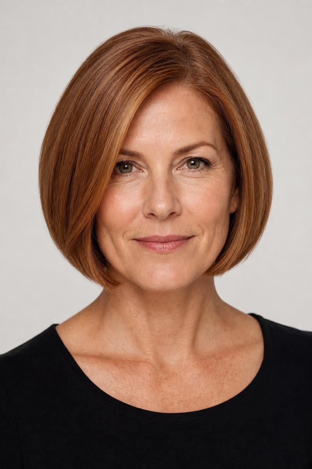 Jaw-Length Bob with Beveled Ends and a Soft Side Part on Fine Auburn Hair