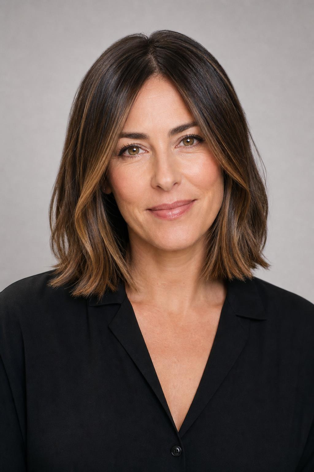 Shoulder-Length Lob with Narrow Caramel Highlights over a Mid Brown Base
