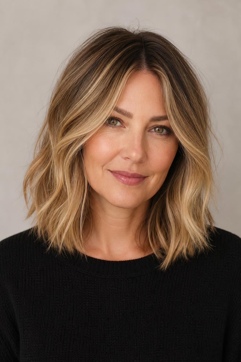 Shoulder-Length Hair with a Soft Darker Root Melting into Lighter Blonde Lengths