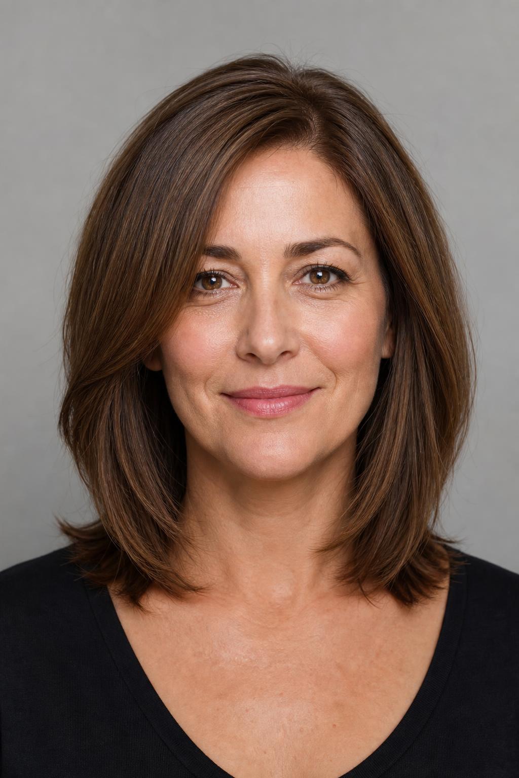 Shoulder-Length Cut with Fullness at Jaw Level and a Flat Crown on Fine Chestnut Hair