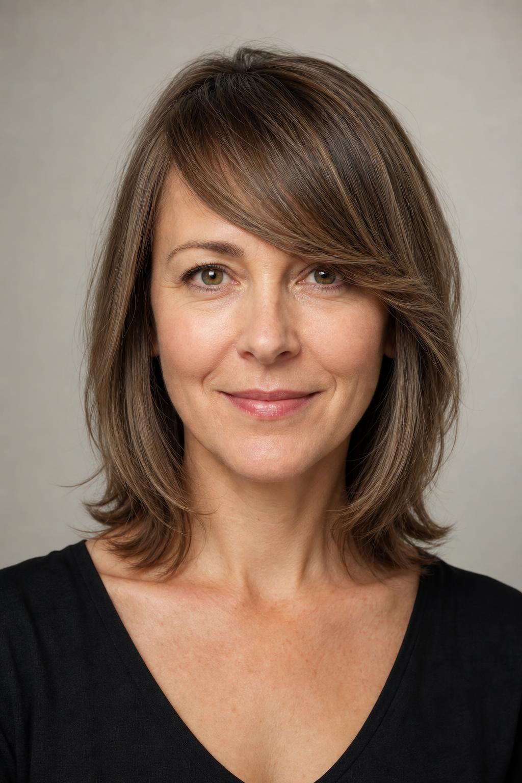 Wispy Side-Swept Fringe Drawn from the Temple Area on Fine Ash Brown Hair
