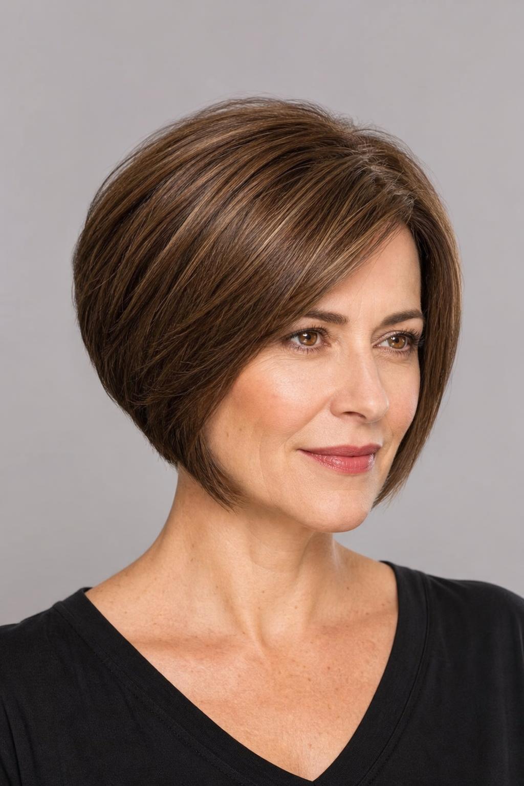 Stacked Bob with Graduated Back and Slightly Longer Front on Fine Medium Brown Hair