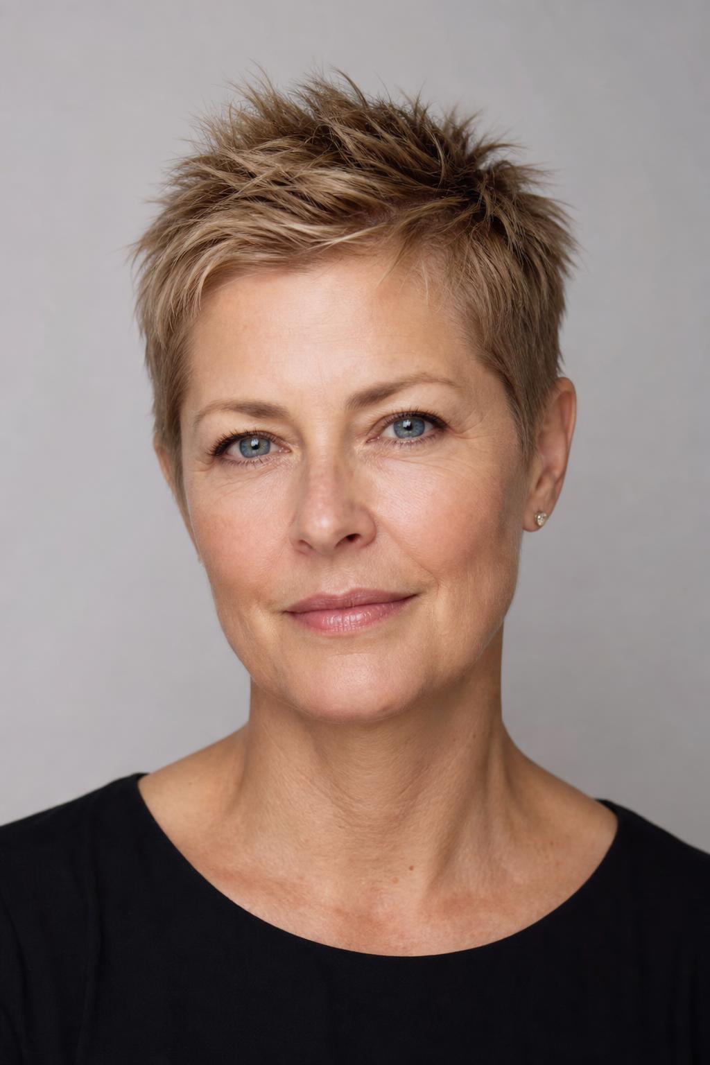 Textured Pixie with Point-Cut Crown and Close Sides on Fine Dark Blonde Hair