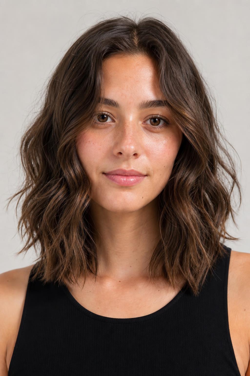 Beachy Mid-Length Cut with Loose Natural Waves on Light Brown Hair