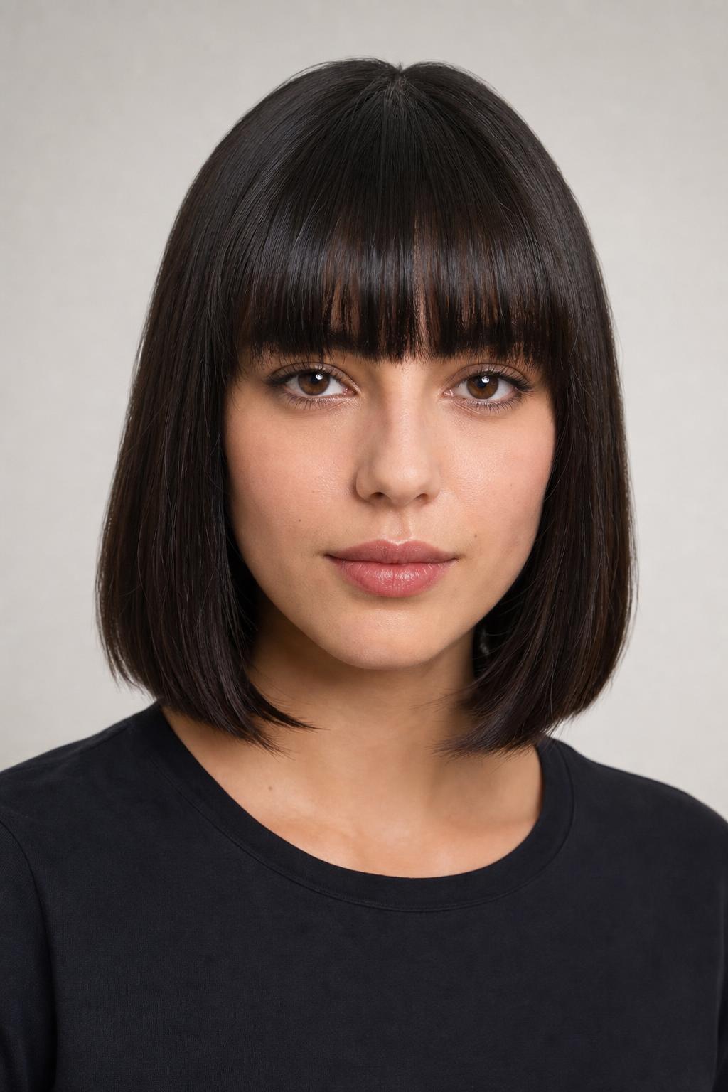 Shoulder-Length Bob with a Heavy Blunt Fringe on Dark Straight Hair