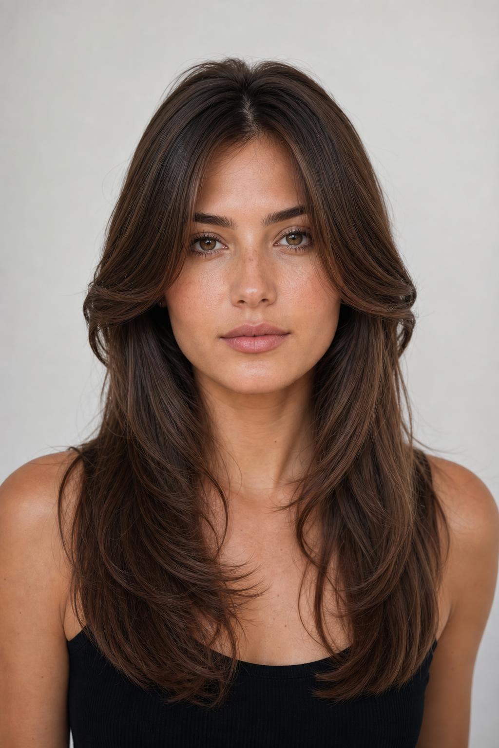 Butterfly Cut with Cheekbone-Level Face Layers on Thick Chestnut Hair