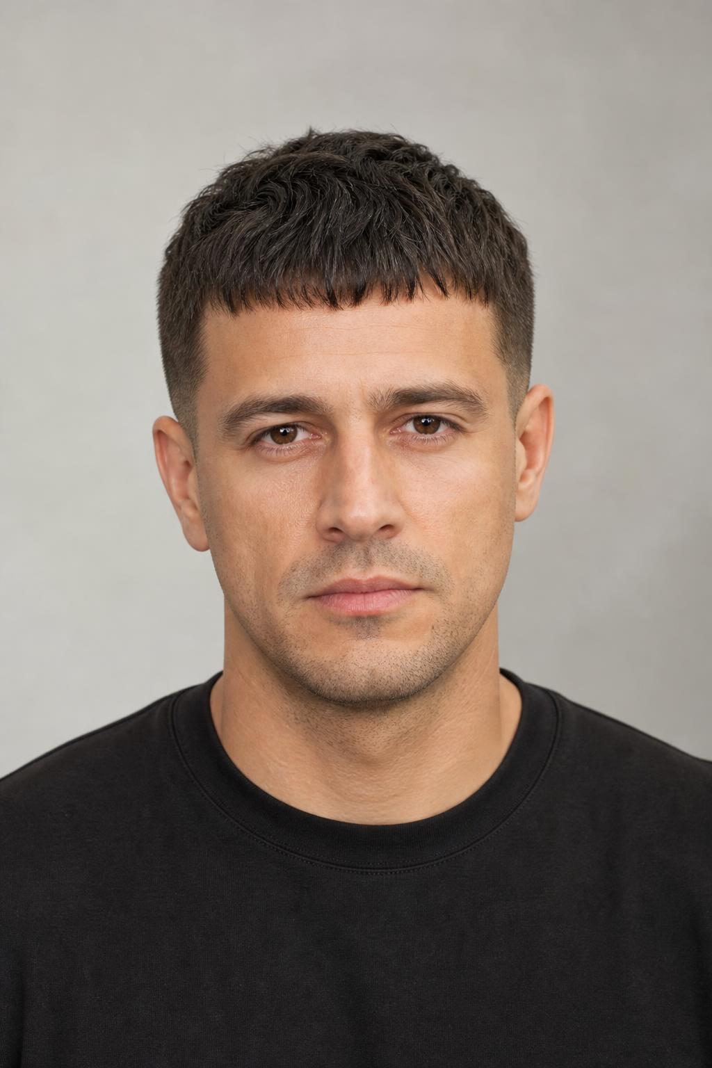 Caesar Cut with an Inch and a Half on Top Combed Forward into a Short Fringe