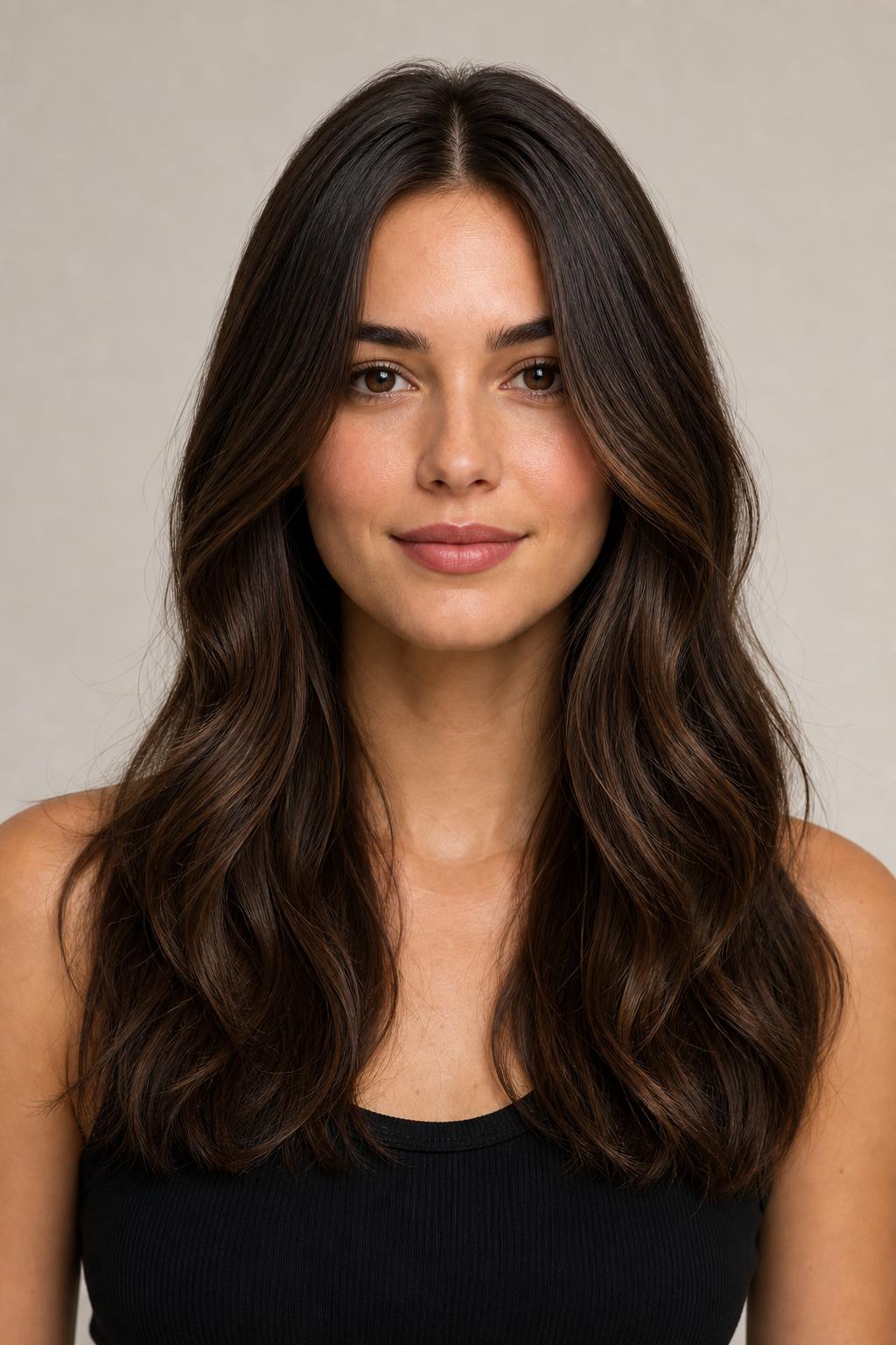 Long Hair Parted down the Center with No Fringe on Wavy Dark Brown Hair