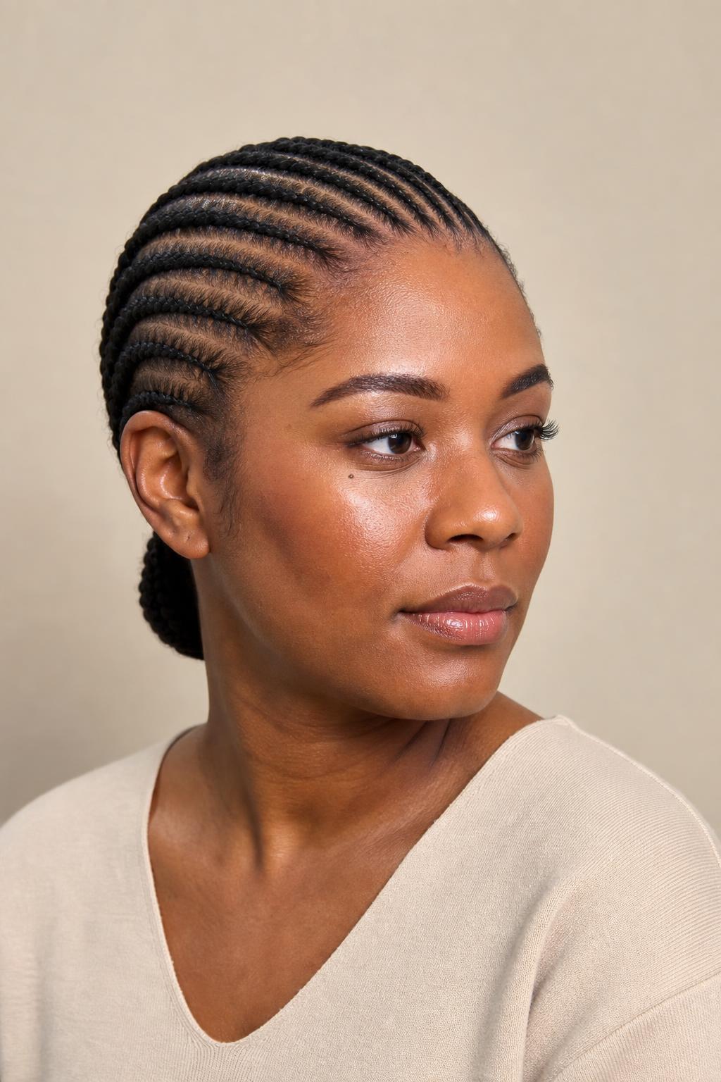 Straight-Back Cornrows Gathered into a Low Tie on Natural Dark Hair