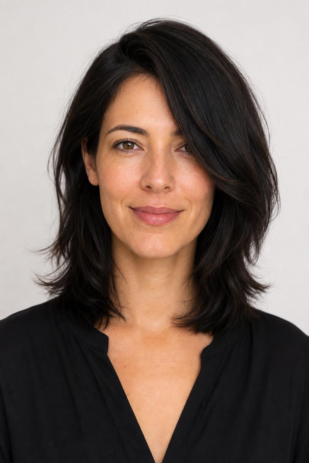 Layered Shoulder-Length Cut Worn with a Deep Off-Center Part