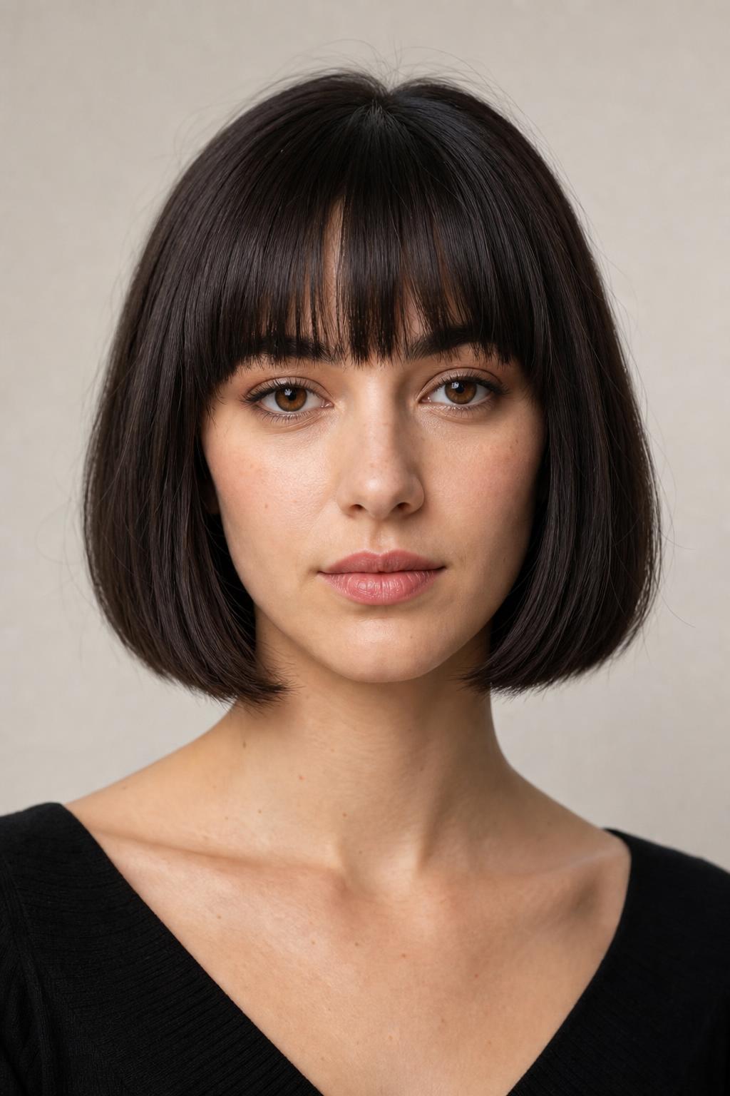 French Bob at Jaw Length with a Straight Blunt Fringe on Dark Hair